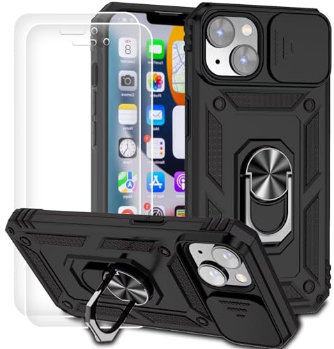 Dechyi für iPhone 14 (6.1") Hülle mit Panzerglas Schutzfolie Schutzhülle mit Kameraschieber Case 360° Drehbarer Militä Ständer Stoßfest Cover-Schwarz von Dechyi