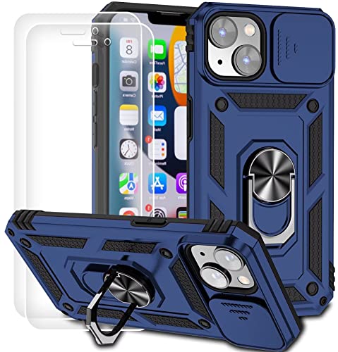 Dechyi für iPhone 14 (6.1") Hülle und Panzerglas Schutzfolie Schutzhülle mit Kameraschieber Case 360° Drehbarer Militä Ständer Stoßfest Cover-Blau von Dechyi