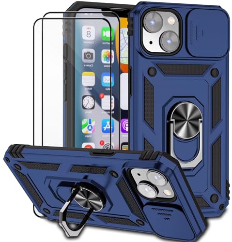 Dechyi für iPhone 14 Plus (6.7") Hülle mit Panzerglas Schutzfolie Schutzhülle mit Kameraschieber Case 360° Drehbarer Militä Ständer Stoßfest Cover-Blau von Dechyi