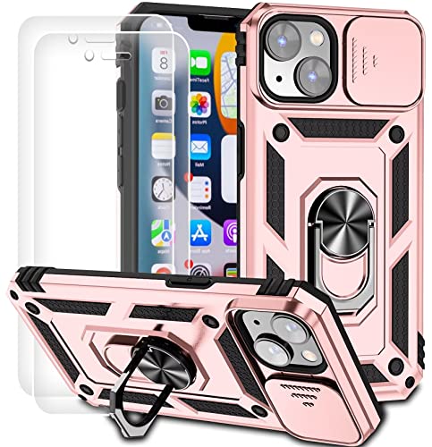 Dechyi für iPhone 14 Plus (6.7") Hülle mit Panzerglas Schutzfolie Schutzhülle mit Kameraschieber Case 360° Drehbarer Militä Ständer Stoßfest Cover-Rosa von Dechyi