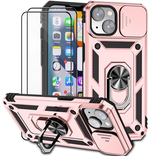 Dechyi für iPhone 14 Plus 6.7 Zoll Hülle mit Panzerglas Schutzfolie SchutzZoll Hülle mit Kameraschieber Case 360° Drehbarer Militä Ständer Stoßfest Cover-Rosa von Dechyi