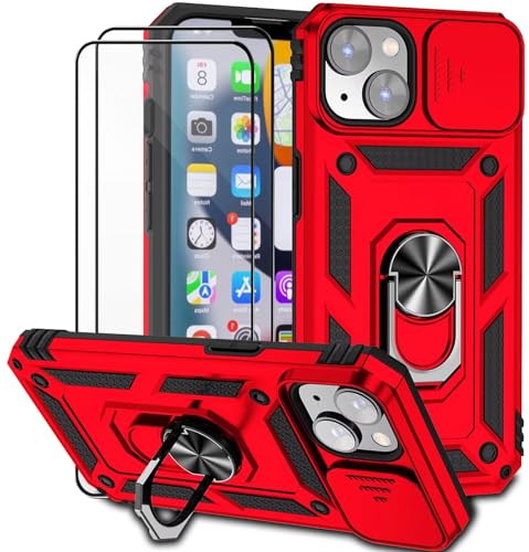 Dechyi für iPhone 14 Plus 6.7 Zoll Hülle mit Panzerglas Schutzfolie SchutzZoll Hülle mit Kameraschieber Case 360° Drehbarer Militä Ständer Stoßfest Cover-Rot von Dechyi
