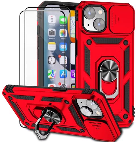 Dechyi für iPhone 14 Plus (6.7") Hülle mit Panzerglas Schutzfolie Schutzhülle mit Kameraschieber Case 360° Drehbarer Militä Ständer Stoßfest Cover-Rot von Dechyi