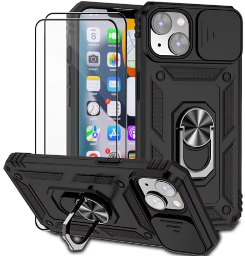Dechyi für iPhone 14 Plus 6.7 Zoll Hülle mit Panzerglas Schutzfolie SchutzZoll Hülle mit Kameraschieber Case 360° Drehbarer Militä Ständer Stoßfest Cover-Schwarz von Dechyi