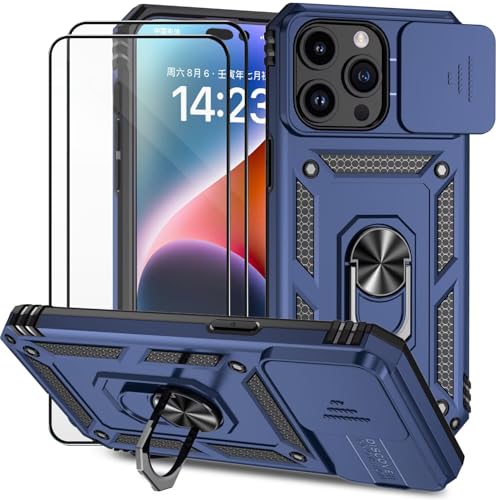 Dechyi für iPhone 14 Pro (6.1") Hülle mit Panzerglas Schutzfolie Schutzhülle mit Kameraschieber Case 360° Drehbarer Militä Ständer Stoßfest Cover-Blau von Dechyi