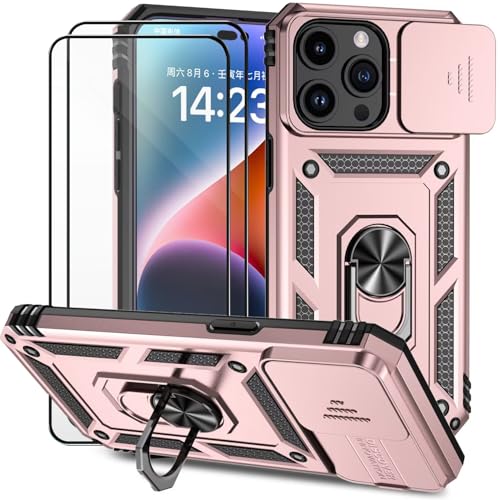 Dechyi für iPhone 14 Pro (6.1") Hülle mit Panzerglas Schutzfolie Schutzhülle mit Kameraschieber Case 360° Drehbarer Militä Ständer Stoßfest Cover-Rosa von Dechyi