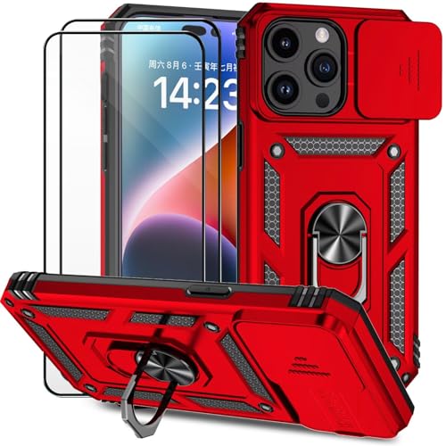 Dechyi für iPhone 14 Pro (6.1") Hülle mit Panzerglas Schutzfolie Schutzhülle mit Kameraschieber Case 360° Drehbarer Militä Ständer Stoßfest Cover-Rot von Dechyi