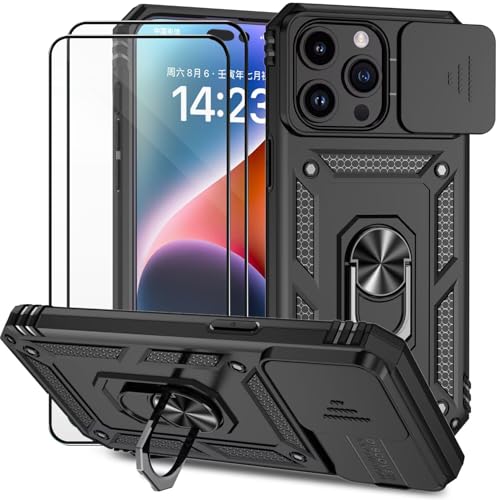 Dechyi für iPhone 14 Pro (6.1") Hülle mit Panzerglas Schutzfolie Schutzhülle mit Kameraschieber Case 360° Drehbarer Militä Ständer Stoßfest Cover-Schwarz von Dechyi