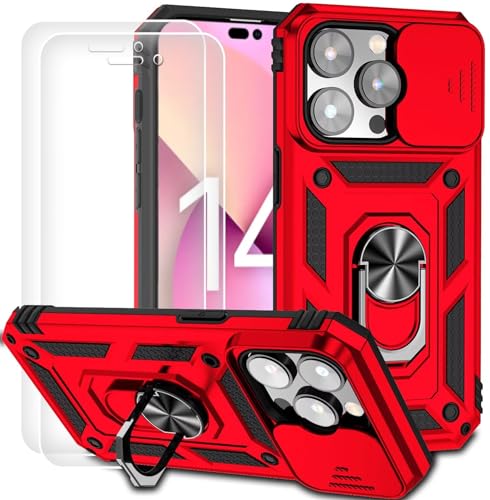 Dechyi für iPhone 14 Pro Max (6.7") Hülle mit Panzerglas Schutzfolie Schutzhülle mit Kameraschieber Case 360° Drehbarer Militä Ständer Stoßfest Cover-Rot von Dechyi