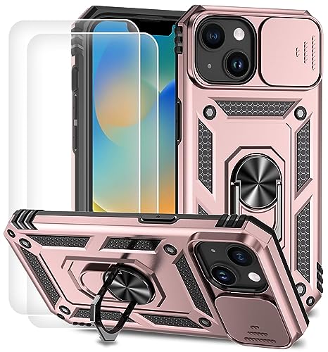 Dechyi für iPhone 15 Hülle mit Panzerglas Schutzfolie Schutzhülle mit Kameraschieber Case 360° Drehbarer Militä Ständer Stoßfest Cover-Rosa von Dechyi