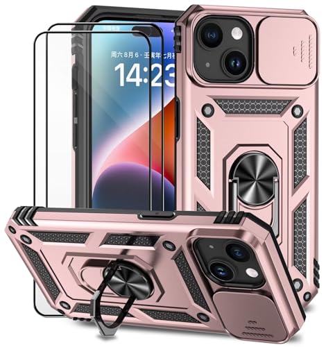 Dechyi für iPhone 15 Hülle mit Panzerglas Schutzfolie Schutzhülle mit Kameraschieber Case 360° Drehbarer Militä Ständer Stoßfest Cover-Rosa von Dechyi