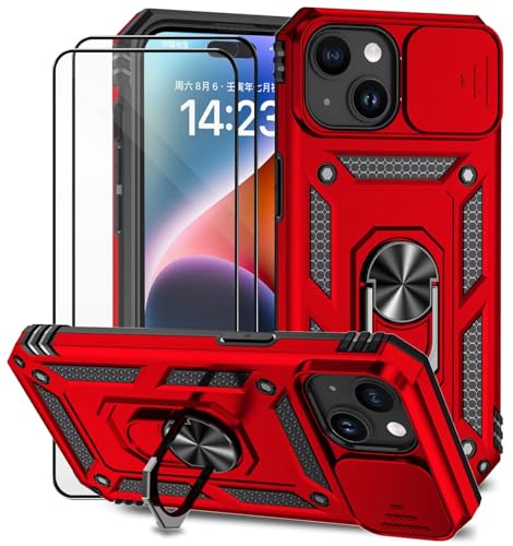 Dechyi für iPhone 15 Hülle mit Panzerglas Schutzfolie Schutzhülle mit Kameraschieber Case 360° Drehbarer Militä Ständer Stoßfest Cover-Rot von Dechyi