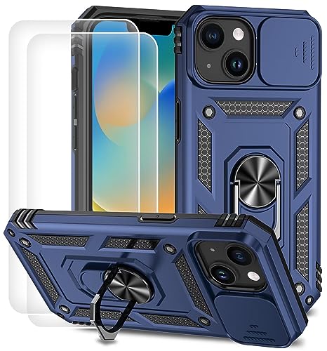 Dechyi für iPhone 15 Hülle mit Panzerglas Schutzfolie Schutzhülle mit Kameraschieber Case 360° Drehbarer Militä Ständer Stoßfest Cover-blau von Dechyi