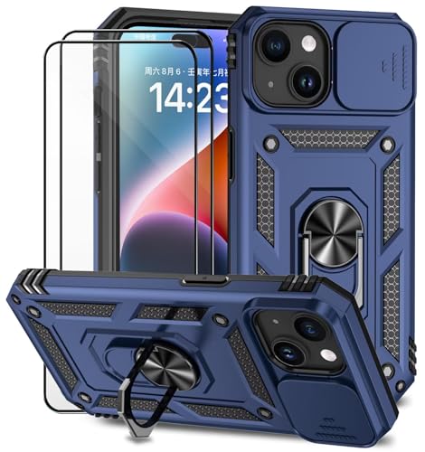 Dechyi für iPhone 15 Hülle mit Panzerglas Schutzfolie Schutzhülle mit Kameraschieber Case 360° Drehbarer Militä Ständer Stoßfest Cover-blau von Dechyi