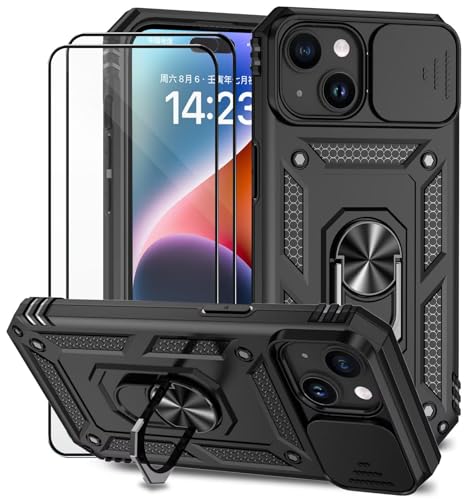 Dechyi für iPhone 15 Plus Hülle mit Panzerglas Schutzfolie Schutzhülle mit Kameraschieber Case 360° Drehbarer Militä Ständer Stoßfest Cover-Schwarz von Dechyi