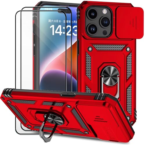 Dechyi für iPhone 15 Pro Hülle mit Panzerglas Schutzfolie Schutzhülle mit Kameraschieber Case 360° Drehbarer Militä Ständer Stoßfest Cover-Rot von Dechyi