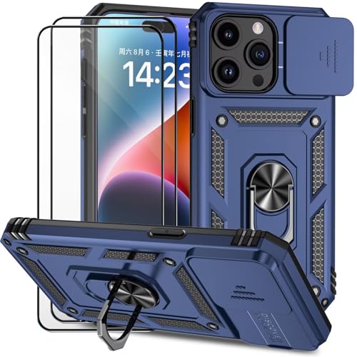 Dechyi für iPhone 15 Pro Hülle mit Panzerglas Schutzfolie Schutzhülle mit Kameraschieber Case 360° Drehbarer Militä Ständer Stoßfest Cover-blau von Dechyi