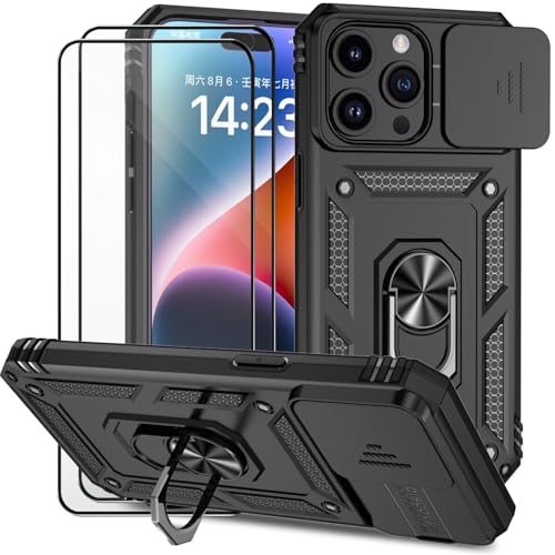 Dechyi für iPhone 15 Pro Max Hülle mit Panzerglas Schutzfolie Schutzhülle mit Kameraschieber Case 360° Drehbarer Militä Ständer Stoßfest Cover-Schwarz von Dechyi