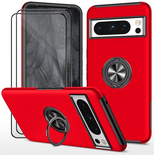 Dechyi hülle für Google Pixel 8 Pro (6.7") und 2 Stück gehärtetem Glas Displayschutzfolie Handyhülle mit Ringhalterung stoßfest, Kratzfest strapazierfähig Schutzhülle Rot von Dechyi