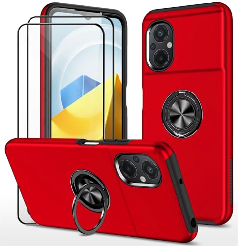 Dechyi hülle für Xiaomi Poco M5 4G(6.58") und 2 Stück gehärtetem Glas Displayschutzfolie Handyhülle mit Ringhalterung stoßfest, Kratzfest strapazierfähig Schutzhülle Rot von Dechyi