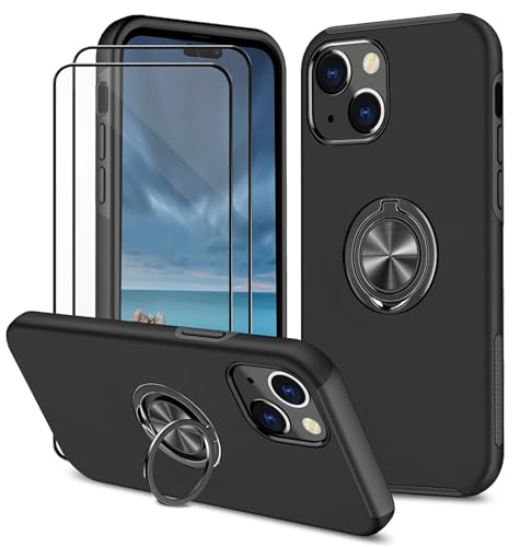 Dechyi hülle für iPhone 15 (6.1") und 2 Stück gehärtetem Glas Displayschutzfolie Handyhülle mit Ringhalterung stoßfest, Kratzfest strapazierfähig Schutzhülle Schwarz von Dechyi