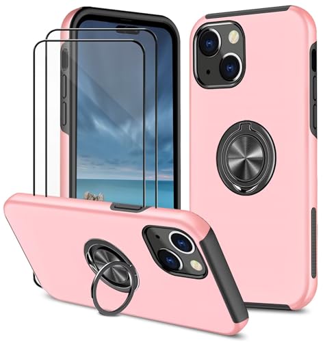 Dechyi hülle für iPhone 15 (6.1") und 2 Stück gehärtetem Glas Displayschutzfolie Handyhülle mit Ringhalterung stoßfest, Kratzfest strapazierfähig Schutzhülle rosa von Dechyi