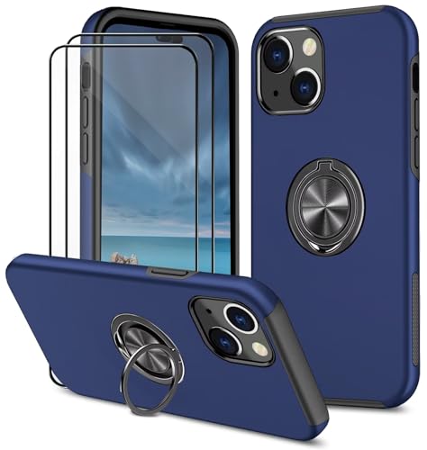 Dechyi hülle für iPhone 15 Plus (6.7") und 2 Stück gehärtetem Glas Displayschutzfolie Handyhülle mit Ringhalterung stoßfest, Kratzfest strapazierfähig Schutzhülle Blau von Dechyi