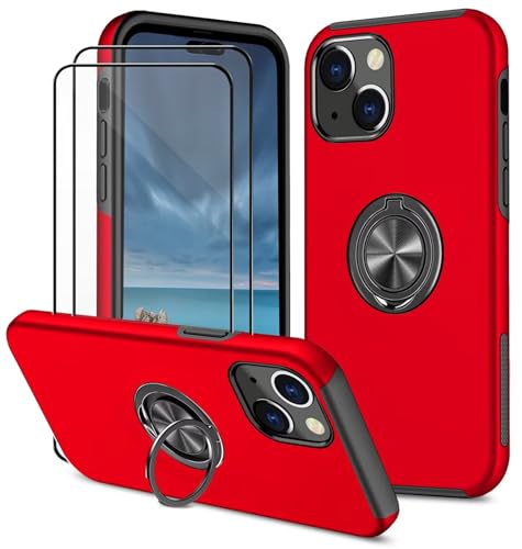 Dechyi hülle für iPhone 15 Plus (6.7") und 2 Stück gehärtetem Glas Displayschutzfolie Handyhülle mit Ringhalterung stoßfest, Kratzfest strapazierfähig Schutzhülle Rot von Dechyi