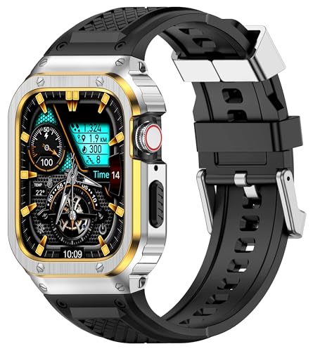 Deczone Band mit Edelstahlgehäuse Kompatibel mit Apple Watch Series 9 8 7 SE 6 5 4 S 3 2 1 41mm 40mm 38mm Band, iwatch Bands Robuste Schutzhülle aus Metall für Männer (Silber Gold) von Deczone