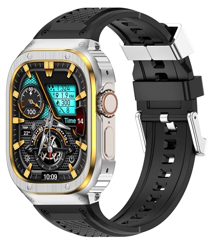 Deczone Band mit Edelstahlgehäuse Kompatibel mit Apple Watch Series Ultra 1 2 49mm Band, iwatch Bands Robuste Metall Schutzhülle für Männer (Silber Gold) von Deczone