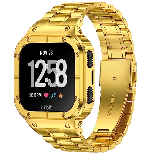 Deczone Edelstahl-Uhrenarmband mit Fall kompatibel für Fitbit Versa 4 3 2 1 Lite, Fitbit Sense 2/Sense Bands, robuste schützende Stoßstange Metall-Armbänder für Männer Frauen (Gold) von Deczone