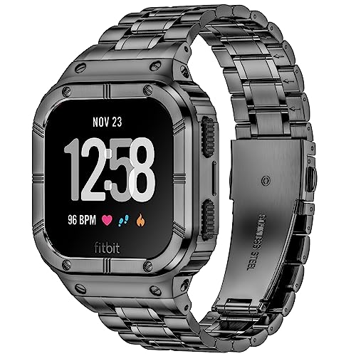 Deczone Edelstahl-Uhrenarmband mit Fall kompatibel für Fitbit Versa 4 3 2 1 Lite, Fitbit Sense 2/Sense Bands, robuste schützende Stoßstange Metall-Armbänder für Männer Frauen (Grau) von Deczone