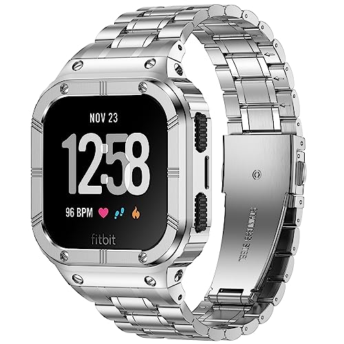 Deczone Edelstahl-Uhrenarmband mit Fall kompatibel für Fitbit Versa 4 3 2 1 Lite, Fitbit Sense 2/Sense Bands, robuste schützende Stoßstange Metall-Armbänder für Männer Frauen (Silber) von Deczone