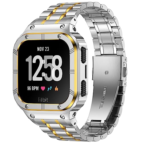 Deczone Edelstahl-Uhrenarmband mit Fall kompatibel für Fitbit Versa 4 3 2 1 Lite, Fitbit Sense 2/Sense Bands, robuste schützende Stoßstange Metall-Armbänder für Männer Frauen (Silber & Gold) von Deczone