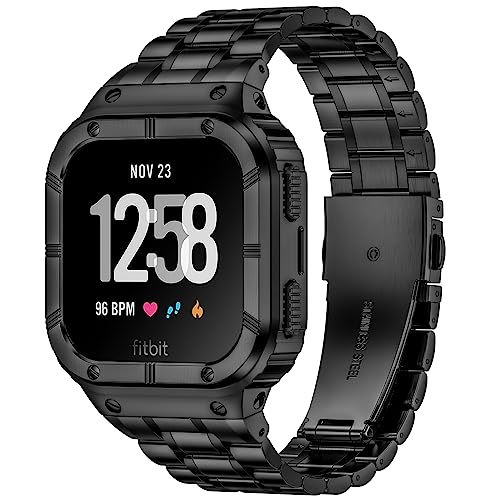Deczone Edelstahl-Uhrenarmband mit Fall kompatibel für Fitbit Versa 4 3 2 1 Lite, Fitbit Sense 2/Sense Bands, robuste schützende Stoßstange Metall-Armbänder für Männer Frauen (schwarz) von Deczone