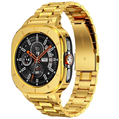 Deczone Edelstahl Armband mit Gehäuse kompatibel mit Samsung Galaxy Watch Ultra 47mm, Robuste Schutzhülle und Metallarmband für Samsung Galaxy Watch 7 Ultra für Männer (Gold) von Deczone
