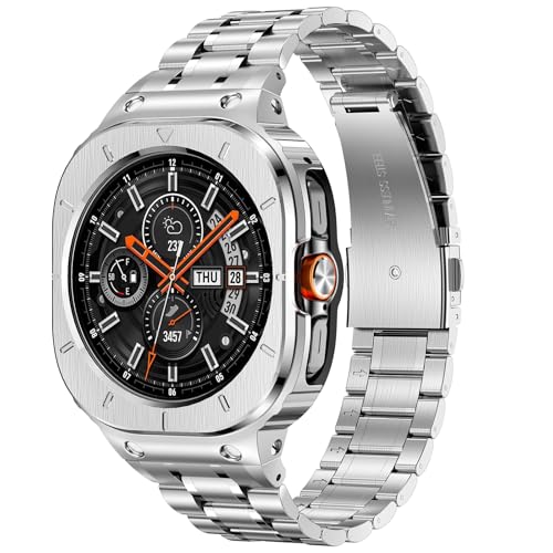 Deczone Edelstahl Armband mit Gehäuse kompatibel mit Samsung Galaxy Watch Ultra 47mm, Robuste Schutzhülle und Metallarmband für Samsung Galaxy Watch 7 Ultra für Männer (Silber) von Deczone