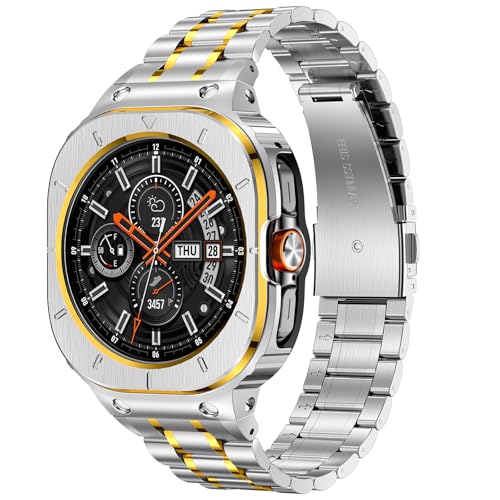 Deczone Edelstahl Armband mit Gehäuse kompatibel mit Samsung Galaxy Watch Ultra 47mm, Robuste Schutzhülle und Metallarmband für Samsung Galaxy Watch 7 Ultra für Männer (Silber & Gold) von Deczone