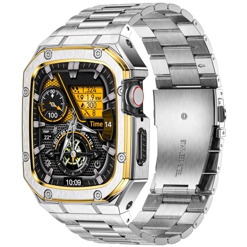 Deczone Kompatibel mit Apple Watch Armband 45mm, Metall Ersatzband für Series 9 8 7 Edelstahl iWatch Bands Männer (Silber/Gold) von Deczone