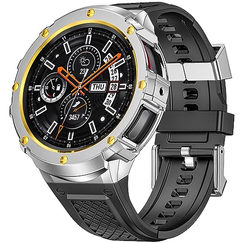 Deczone Silikonband mit Edelstahl-Gehäuse, kompatibel mit Samsung Galaxy Watch 5 Pro, 45 mm Bänder, Schutzhülle für Herren (Silber und Gold) von Deczone