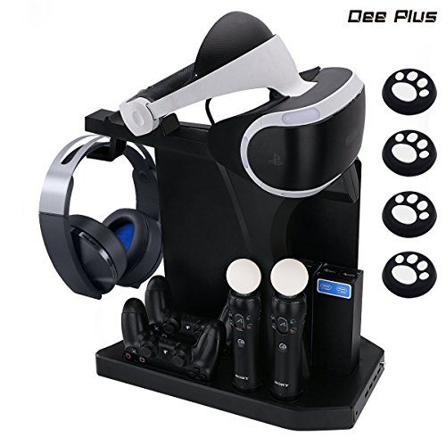 PlayStation Display Standfuß Dee Plus Vertikal Ständer, PSVR Headset Halter, 4 Port USB Hub, Quad Ladestation für DualShock & PS Move Motion Controller, Lüfter Kühler fmit Stick Grips Cap Cover von Dee Plus