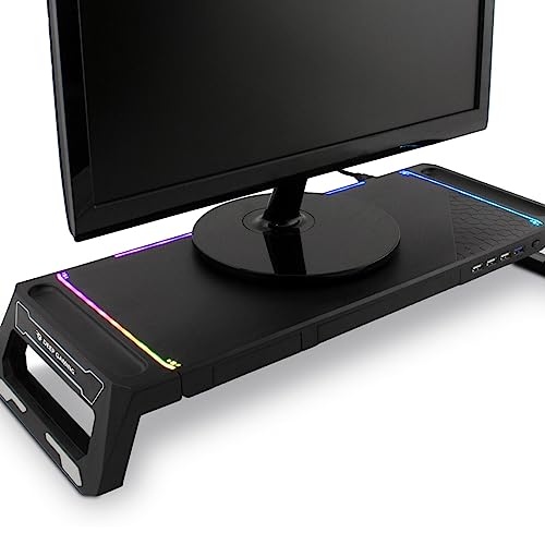 DeepGaming SN06 Monitorhalterung für den Gaming-Schreibtisch mit Aufbewahrungsschublade, Handyhalterung, 10 RGB-Beleuchtungsmodi und 3-Port-USB-Hub (1 x USB3.0 + 2 x USB2.0), Schwarz von DeepGaming