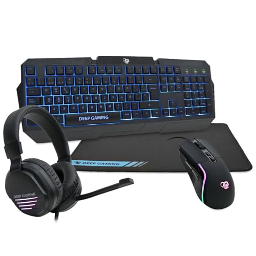 DeepGaming X-Wing 2 Pack Gaming 4-in-1 - QWERTY-Membran-Tastatur mit Ñ-Hintergrundbeleuchtung, optische RGB-Maus 7200 DPI, Kopfhörer mit Mikrofon, rutschfeste Matte, Multi-Plattform-Gaming-Set von DeepGaming