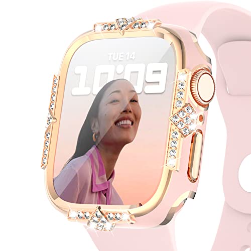 Deeplus Kompatibel mit 41 mm Apple Watch Gehäuse Serie 8/7 Strasssteine mit integriertem Glas-Displayschutz, 40/44/41/45 mm Bumper Diamond iWatch Schutzhülle für Frauen Mädchen, Rosa-Roségold von Deeplus