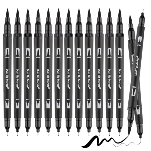 Deepton 12 Stück Filzstifte Schwarz, Fineliner Stifte Set, Dual Brush Pen Set, Brush Pen, Bullet Journal Stifte, Wasserdicht Pinselstifte, Filzstifte Dicke und Dünne zum Schreiben Zeichnen Skizzieren von Deepton