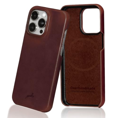 DEERHANDMADE Premium Vollnarbenleder-Handyhülle kompatibel mit Apple iPhone 15 Pro, MagSafe und kabelloses Ladegerät, stoßfeste Schutzkamera Edge Granat Edition DEERHANDMADE Premium Vollnarbenleder-Handyhülle kompatibel mit Apple iPhone 15 Pro, MagSafe und kabelloses Ladegerät, stoßfeste Schutzkamera Edge Granat Edition von Deerhandmade
