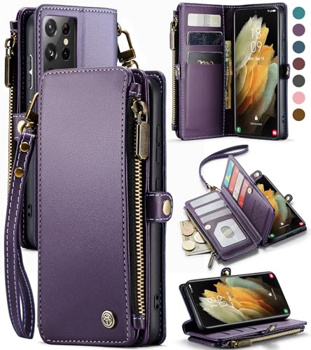 Defencase S21 Ultra Hülle, RFID-Blockierung Samsung Galaxy S21 Ultra Hülle Brieftasche für Damen und Herren mit Kartenhalter, Reißverschluss Magnetisch Flip PU Leder Schutzhülle Samsung Galaxy S21 von Defencase