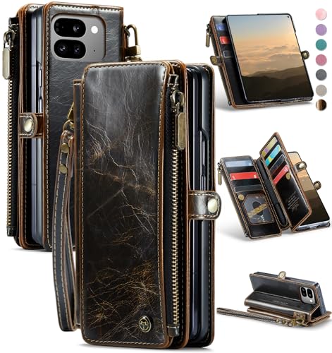 Defencase Schutzhülle für Pixel 9 Pro, faltbar, mit RFID-blockierendem Kartenhalter und Stifthalter, PU-Leder, Magnetverschluss, Flip-Reißverschluss, passend für Google Pixel 9 Pro Fold, Kaffeebraun von Defencase