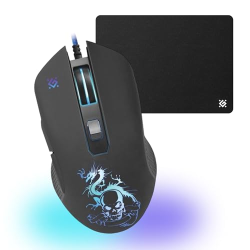 Defender Gaming Maus mit Kabel, Sky Dragon GM-090L schwarz, 6 programmierbare Tasten, Seitentasten, Makro-Editor, DPI verstellbar bis 3200 (4 Stufen), Scrollrad mit Hintergrundbeleuchtung von Defender