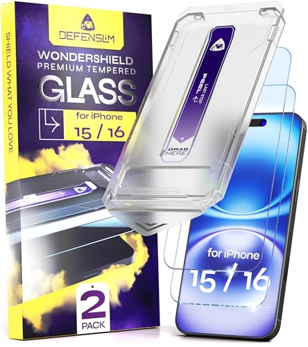 Defenslim WonderShield Displayschutzfolie für iPhone 15 und 16, einfaches Auto-Staub- und Ausrichtungs-Set, 15,5 cm (6,1 Zoll), gehärtetes Glas, 9H Härte, Ultra HD klar, hüllenfreundlich, 2 Stück von Defenslim